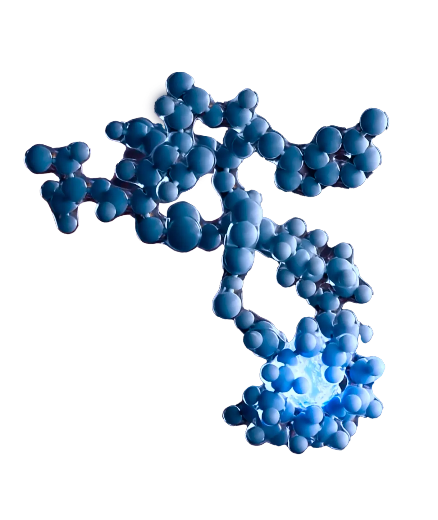 3D molecular representation of a radioligand with a glowing blue radioisotope